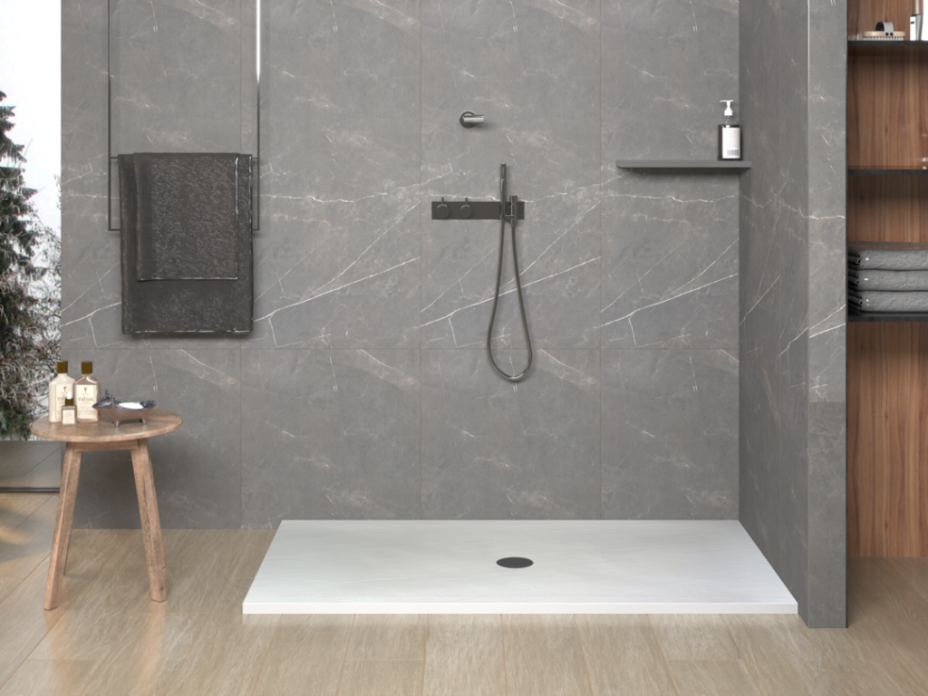 Cultured marble shower base pan with center drain