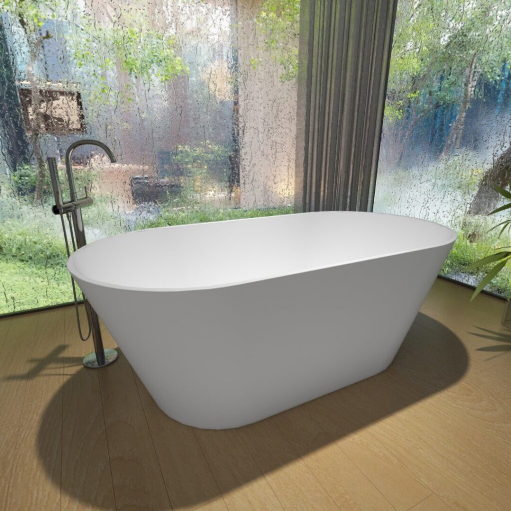 white oval solid surface stand alone bathtub