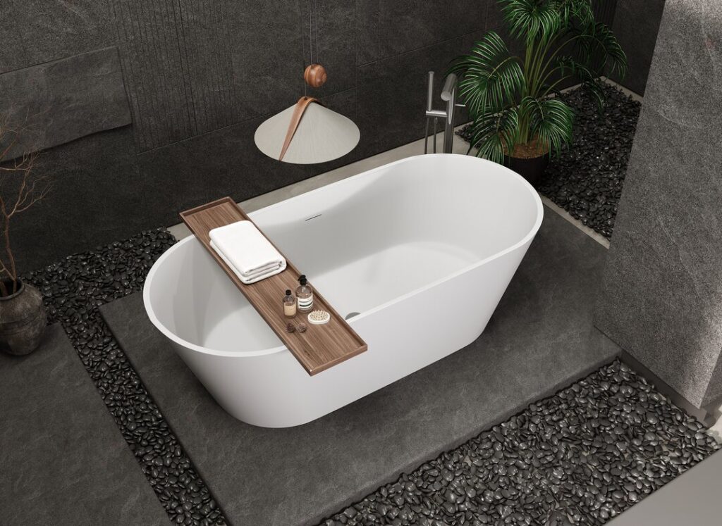 white oval solid surface stand alone bathtub