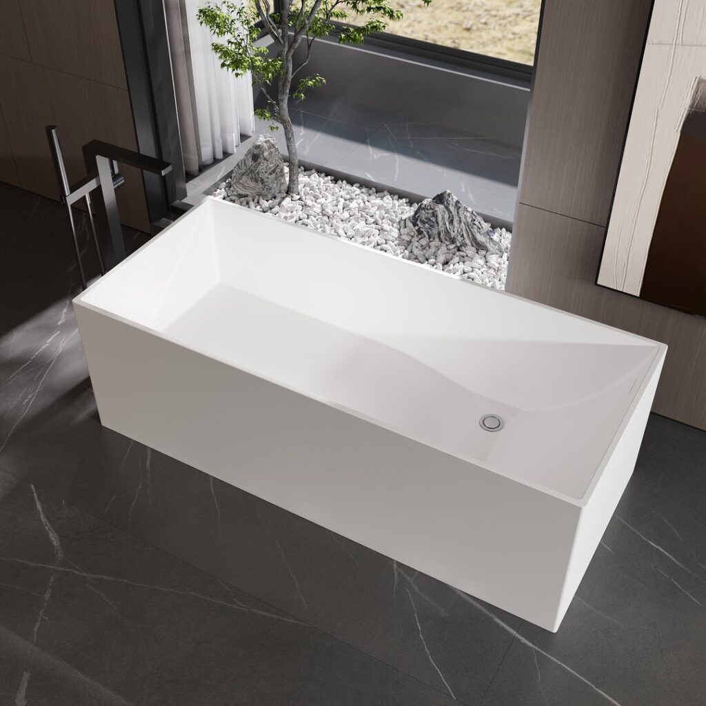 White Stone Resin Rectangular Freestanding Bathtub