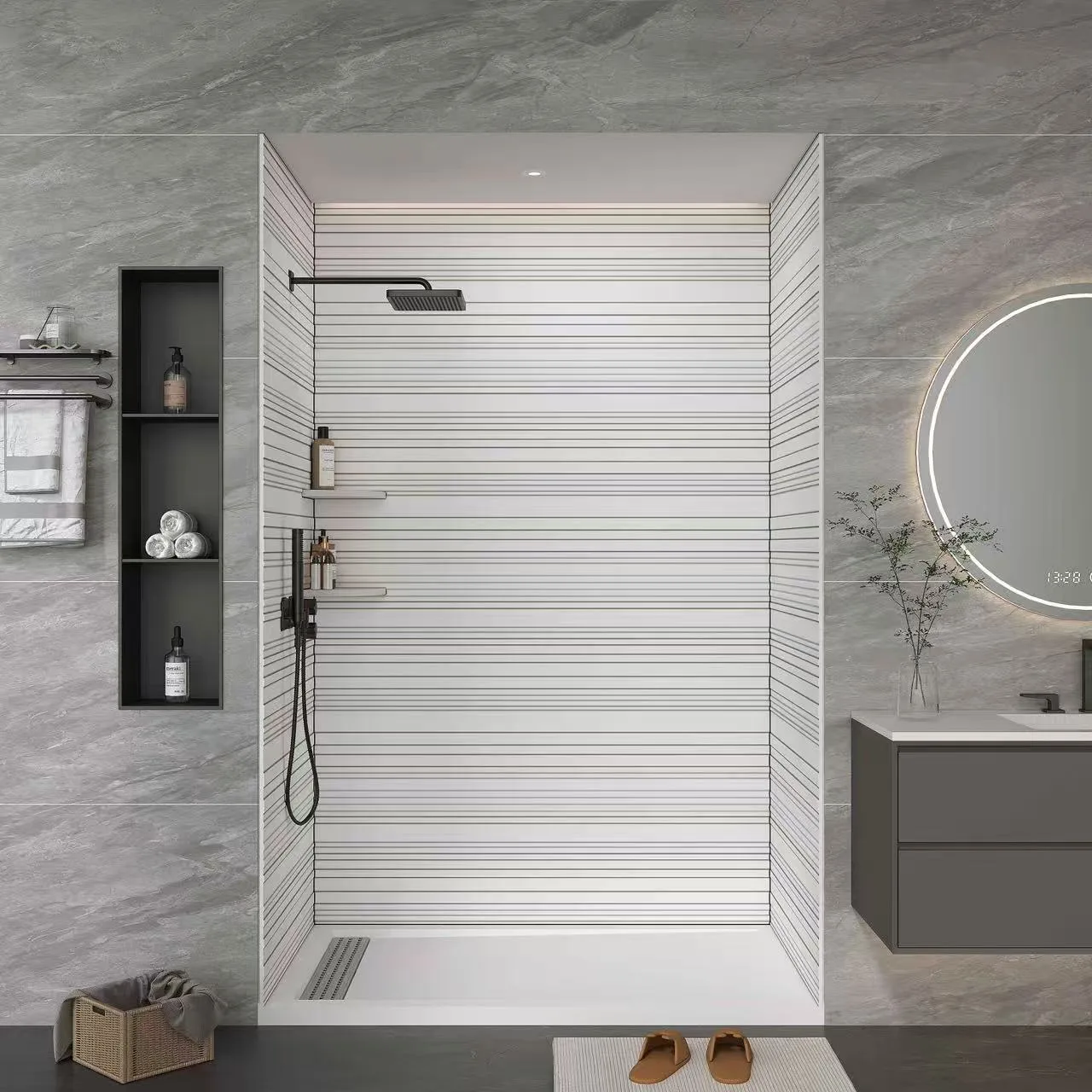 Horizontal Striped Cultured Marble Shower Panels with corner shelves and dark recessed niche