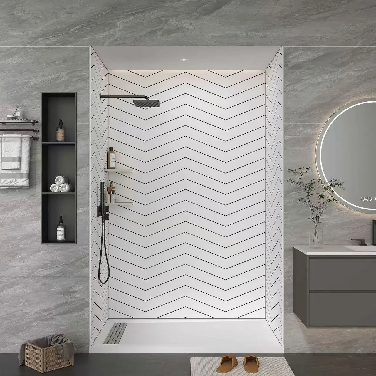 Wide Chevron Cultured Marble Shower Panels with corner shelves and dark recessed niche