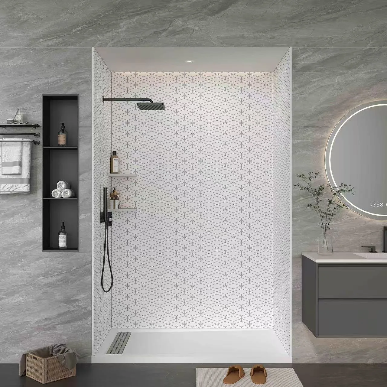 Hexagon Pattern Cultured Marble Shower Panels with corner shelves and dark recessed niche