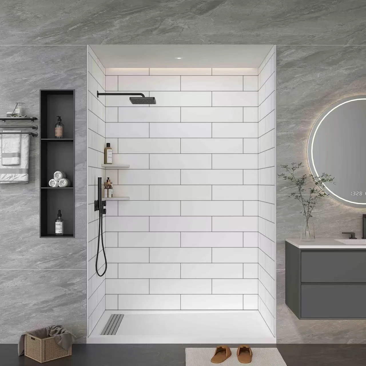 Classic Subway Tile Cultured Marble Shower Panels with corner shelves and dark recessed niche