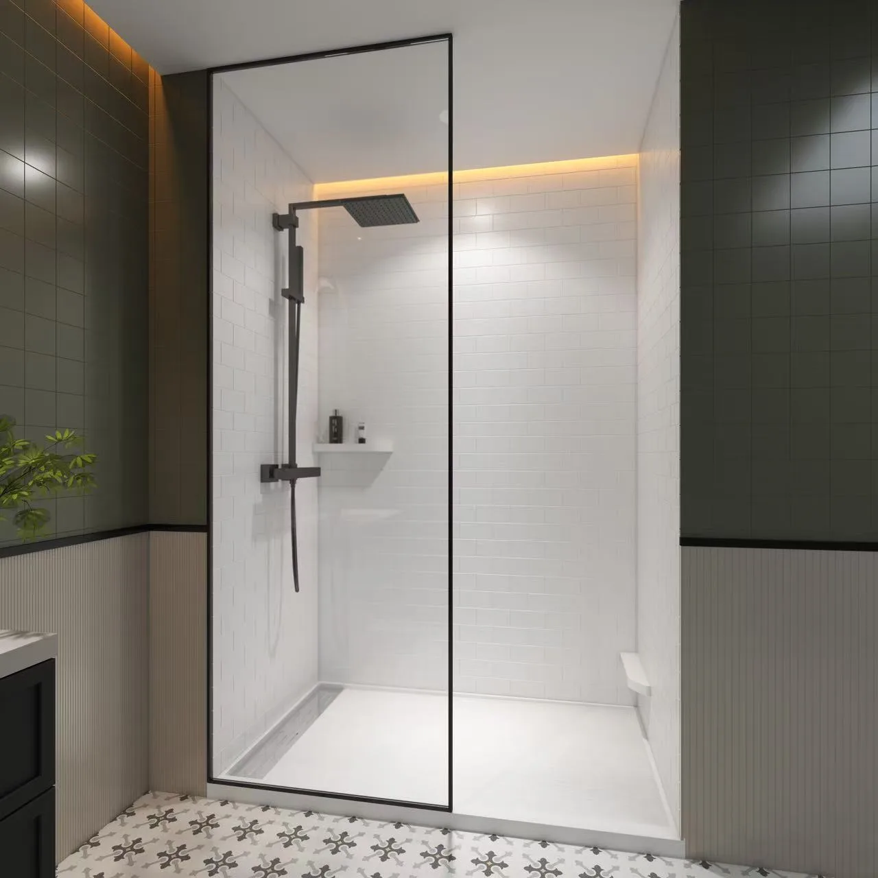 White Subway Tile Cultured Marble Shower Panels with built-in footrest and corner shelf