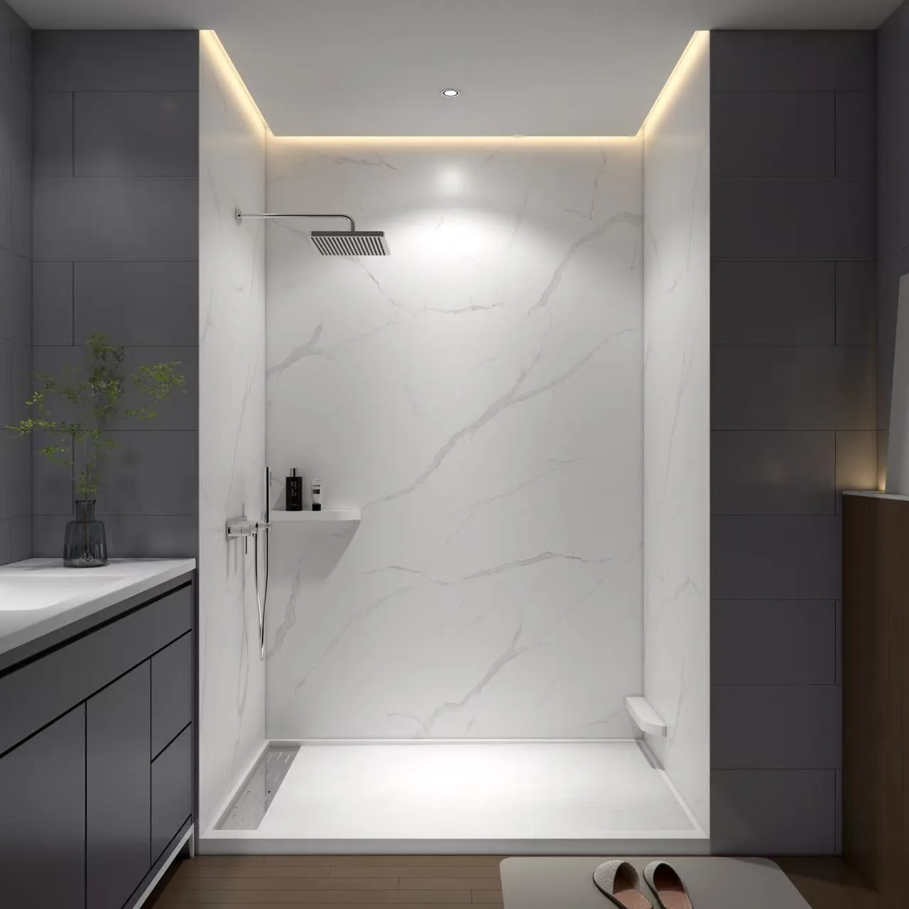 Classic White Marble Cultured Marble Shower Panels with grey veining, built-in footrest, and corner shelf
