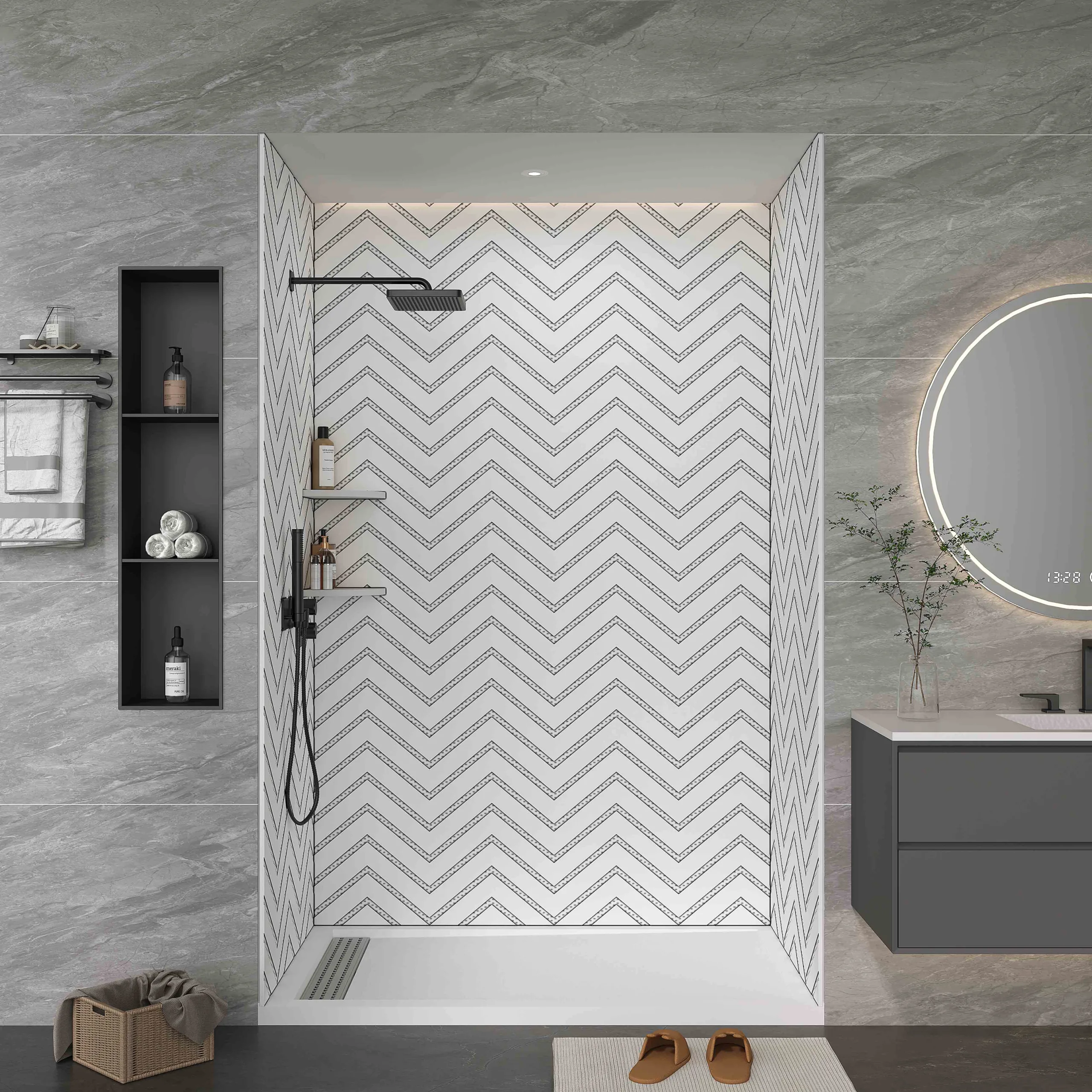 Seamless zig-zag chevron texture on white cultured marble shower walls.