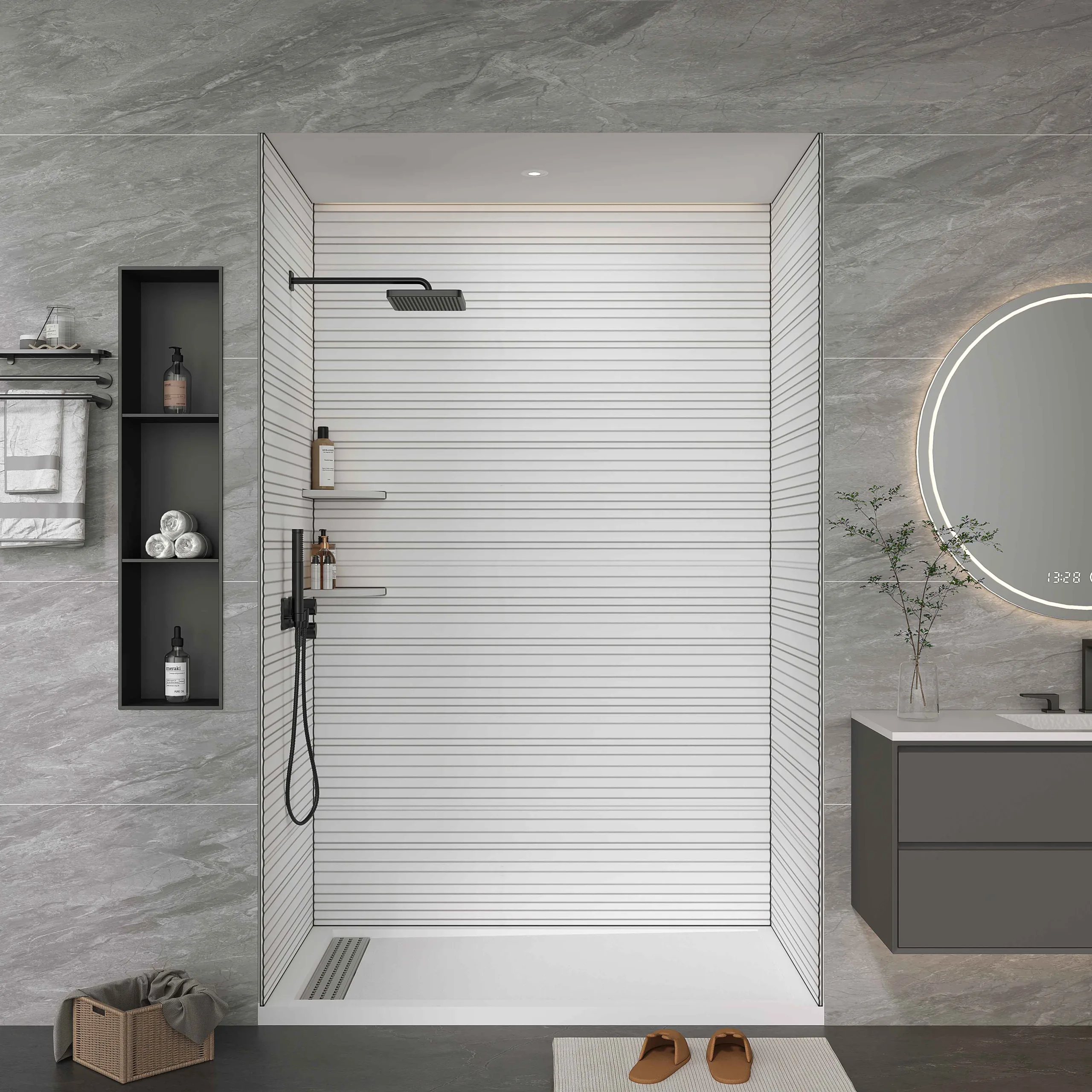 White Fluted Cultured Marble Shower Panels with corner shelf, footrest, and modern shower base