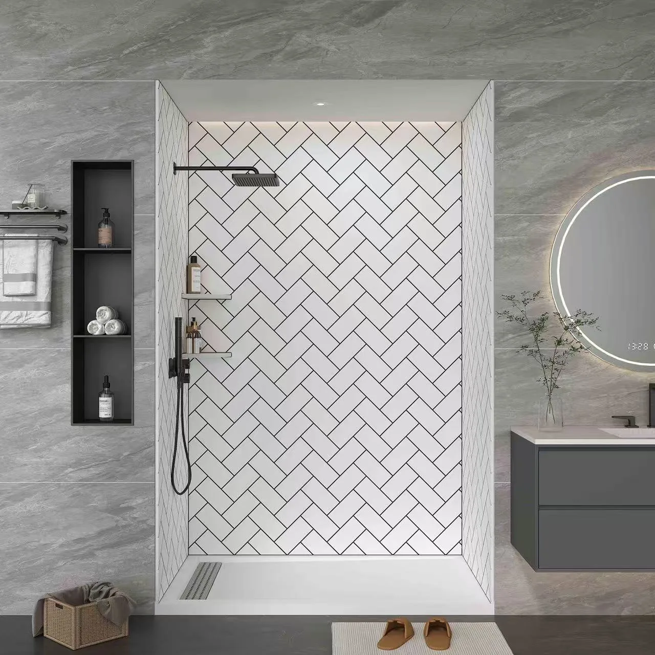 Herringbone Pattern Cultured Marble Shower Panels with matte black fixtures and recessed niche