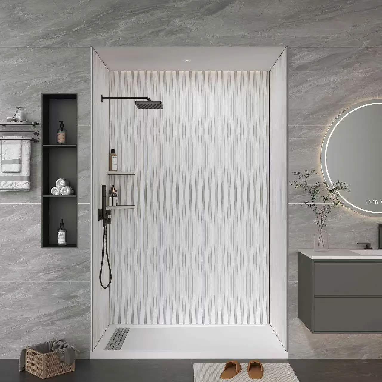 White Vertical Fluted Cultured Marble Shower Panels with corner shelves and dark recessed niche
