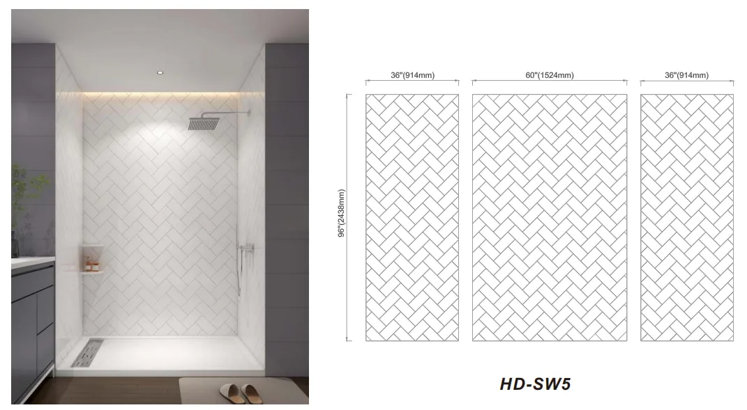 Modern commercial bathroom layout featuring white herringbone pattern cultured marble shower panels.