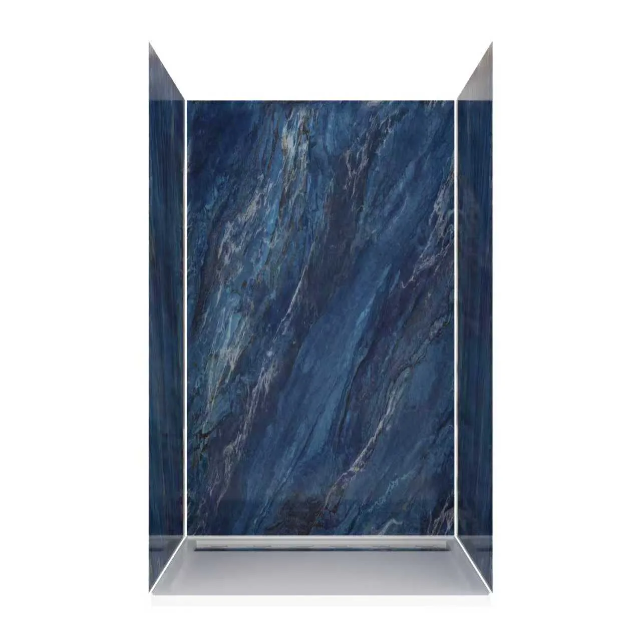 Exotic Blue Marble Veined Cultured Marble Shower Panels with corner shelves and footrest