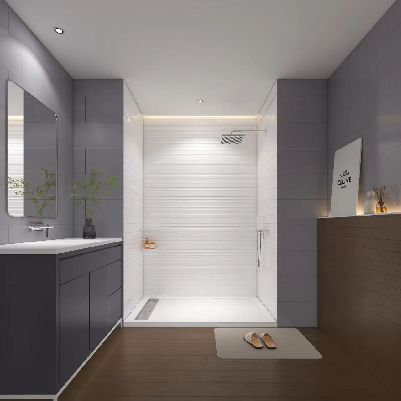 Horizontal Striped Cultured Marble Shower Panels with corner shelves and dark recessed niche