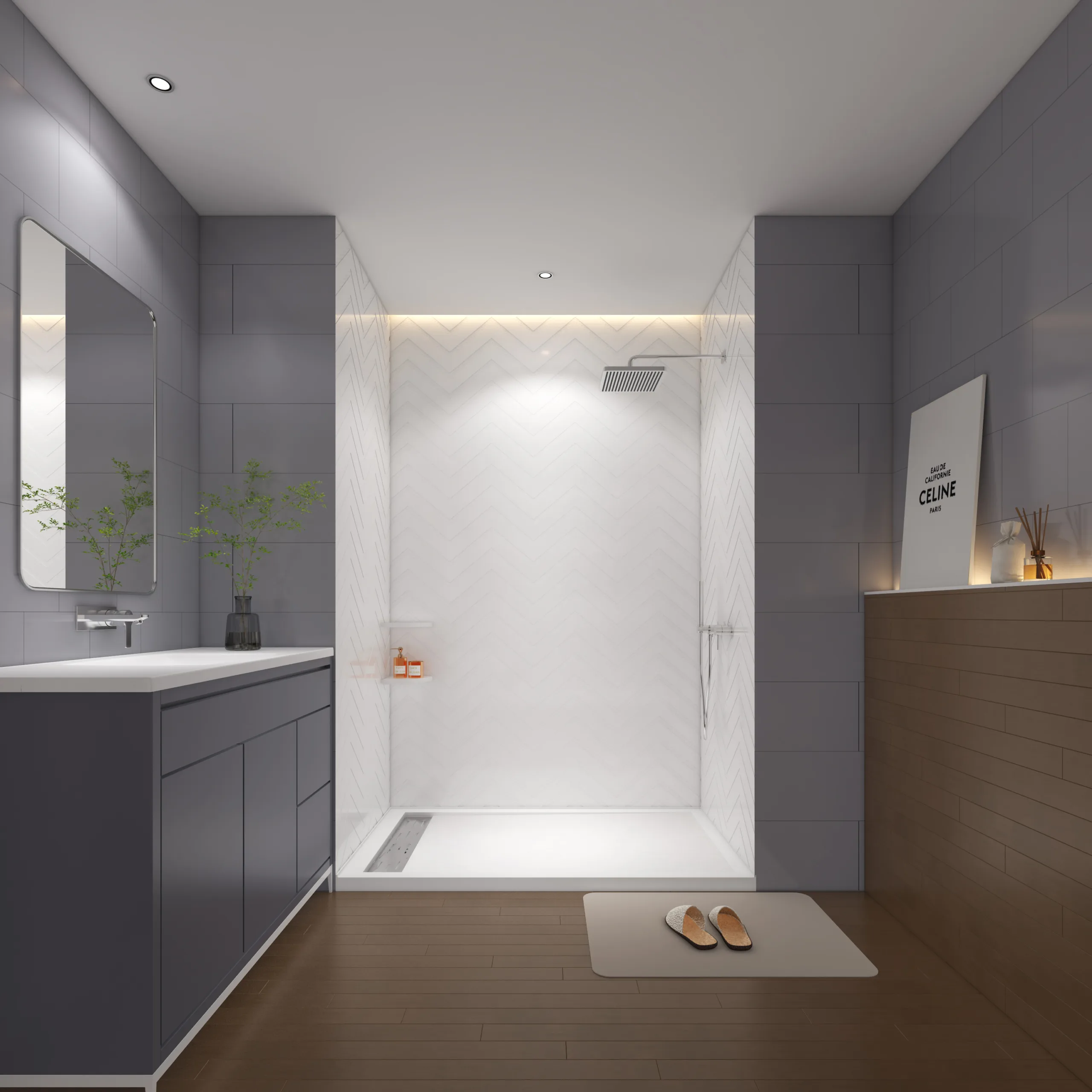 Seamless zig-zag chevron texture on white cultured marble shower walls.