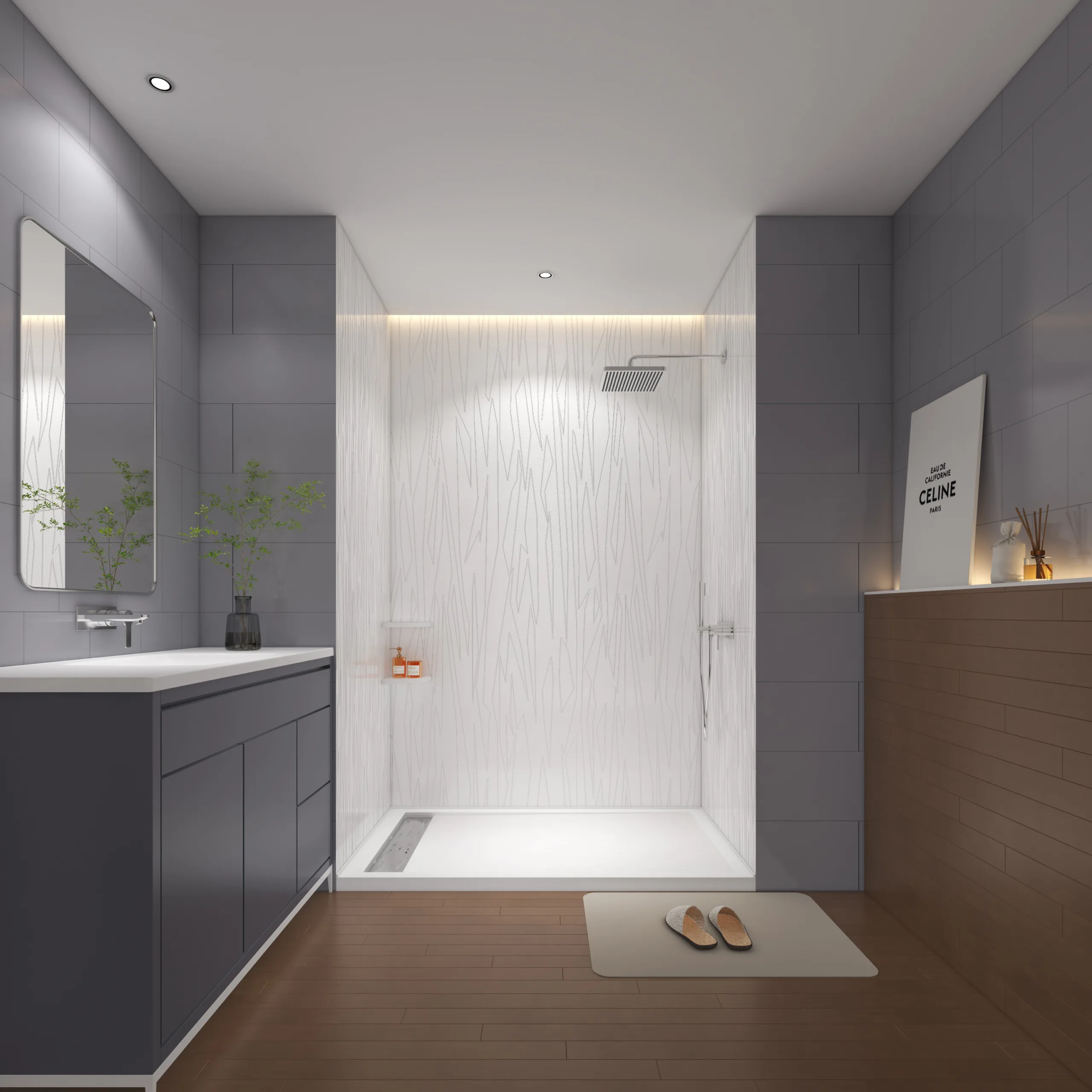 Abstract Linear Cultured Marble Shower Panels with matte black shower fixtures and recessed niche