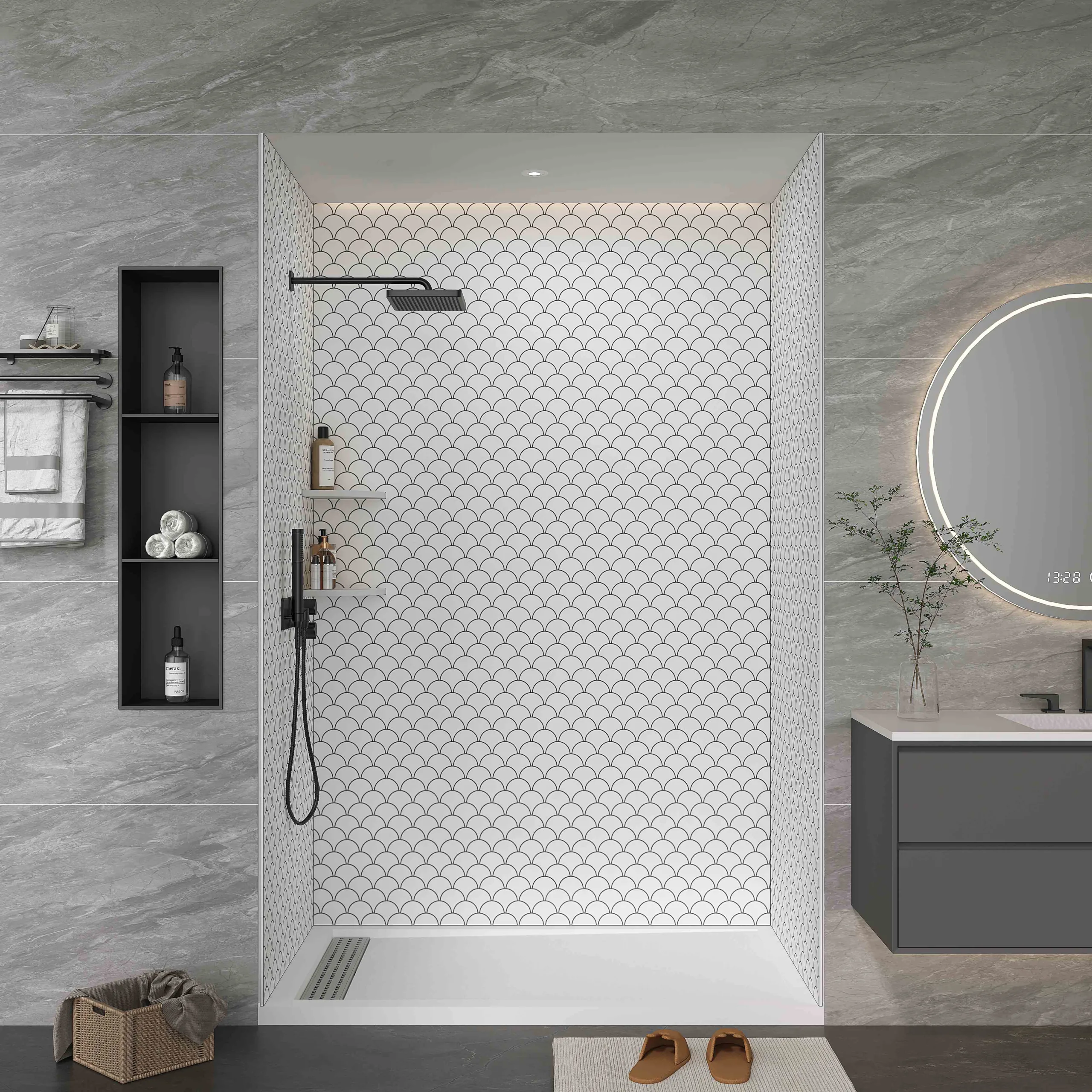 Scallop Pattern Cultured Marble Shower Panels with matte black fixtures and recessed niche