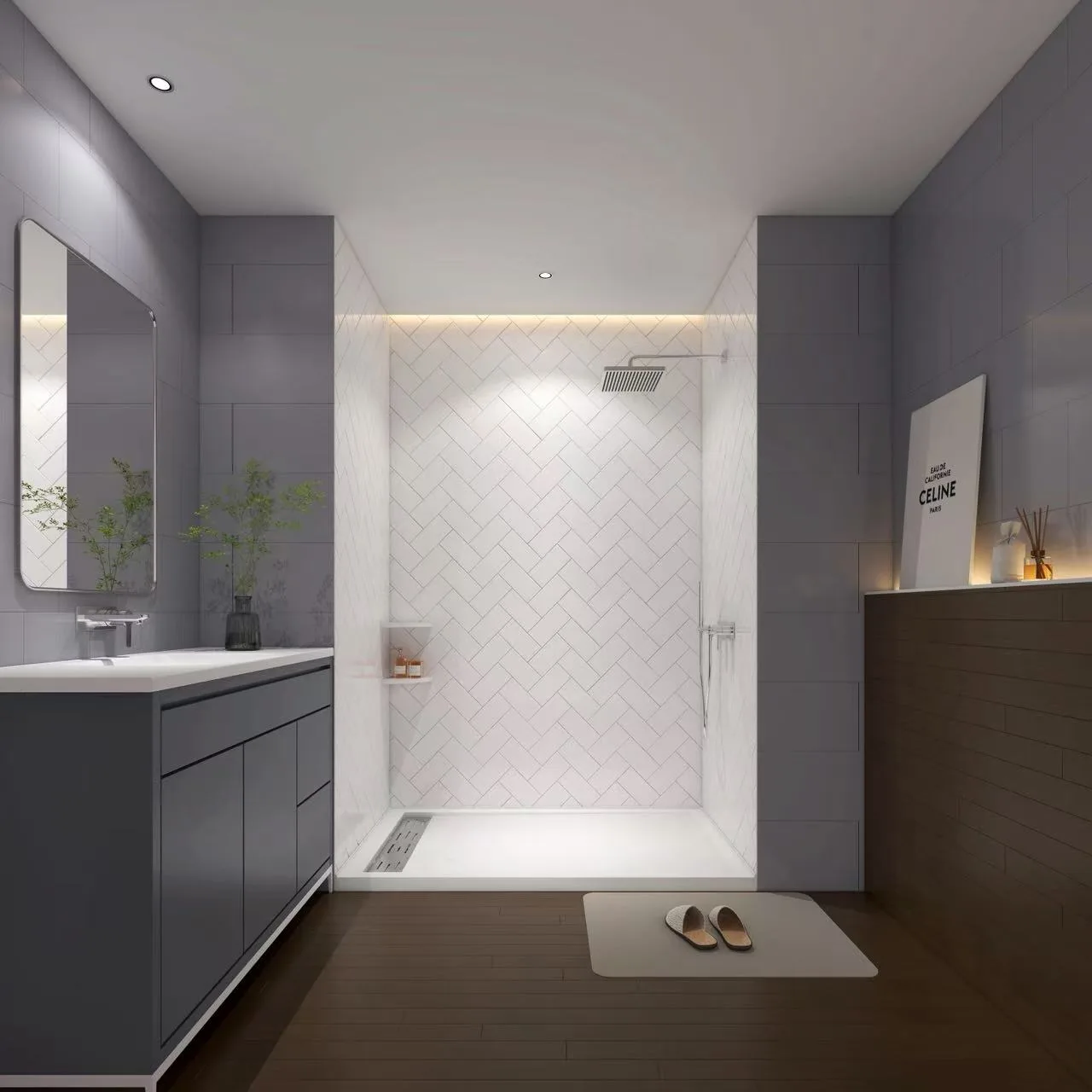 Herringbone Pattern Cultured Marble Shower Panels with matte black fixtures and recessed niche