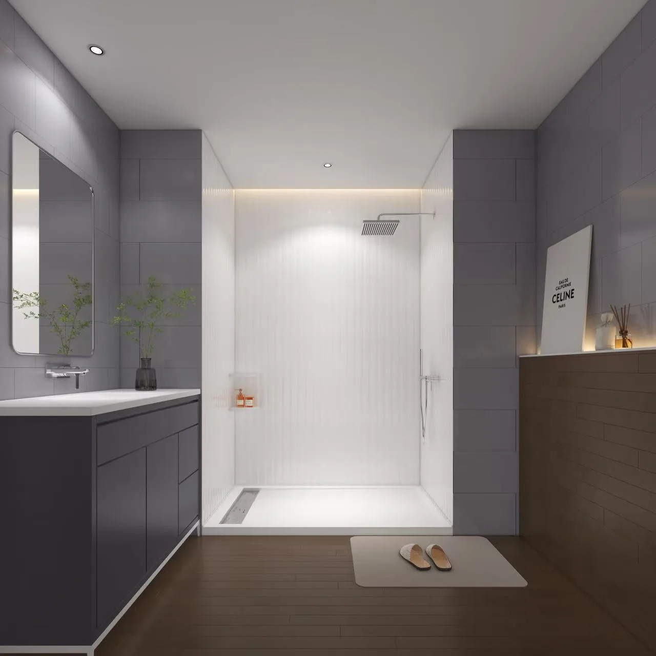 White Vertical Fluted Cultured Marble Shower Panels with corner shelves and dark recessed niche