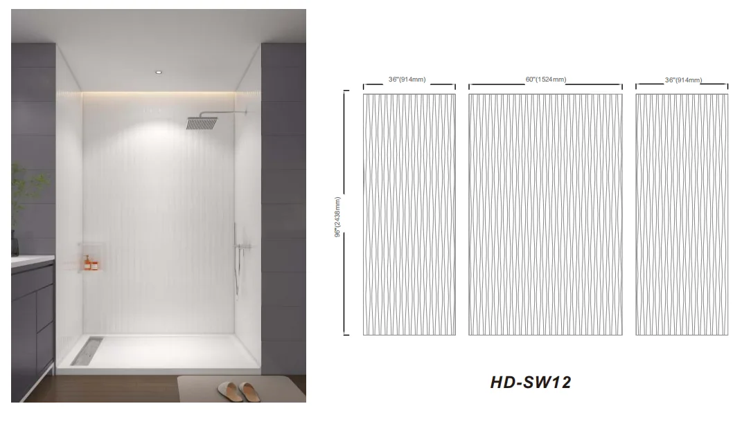 Modern commercial bathroom layout featuring white vertical fluted cultured marble shower panels.
