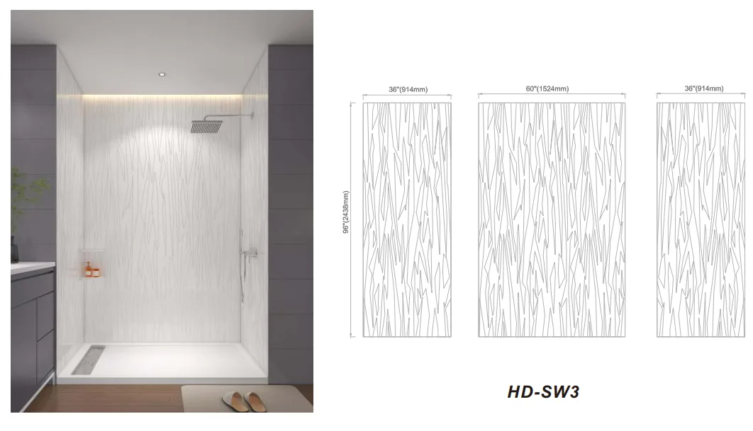 Luxury shower room design with seamless abstract linear cultured marble shower panels.