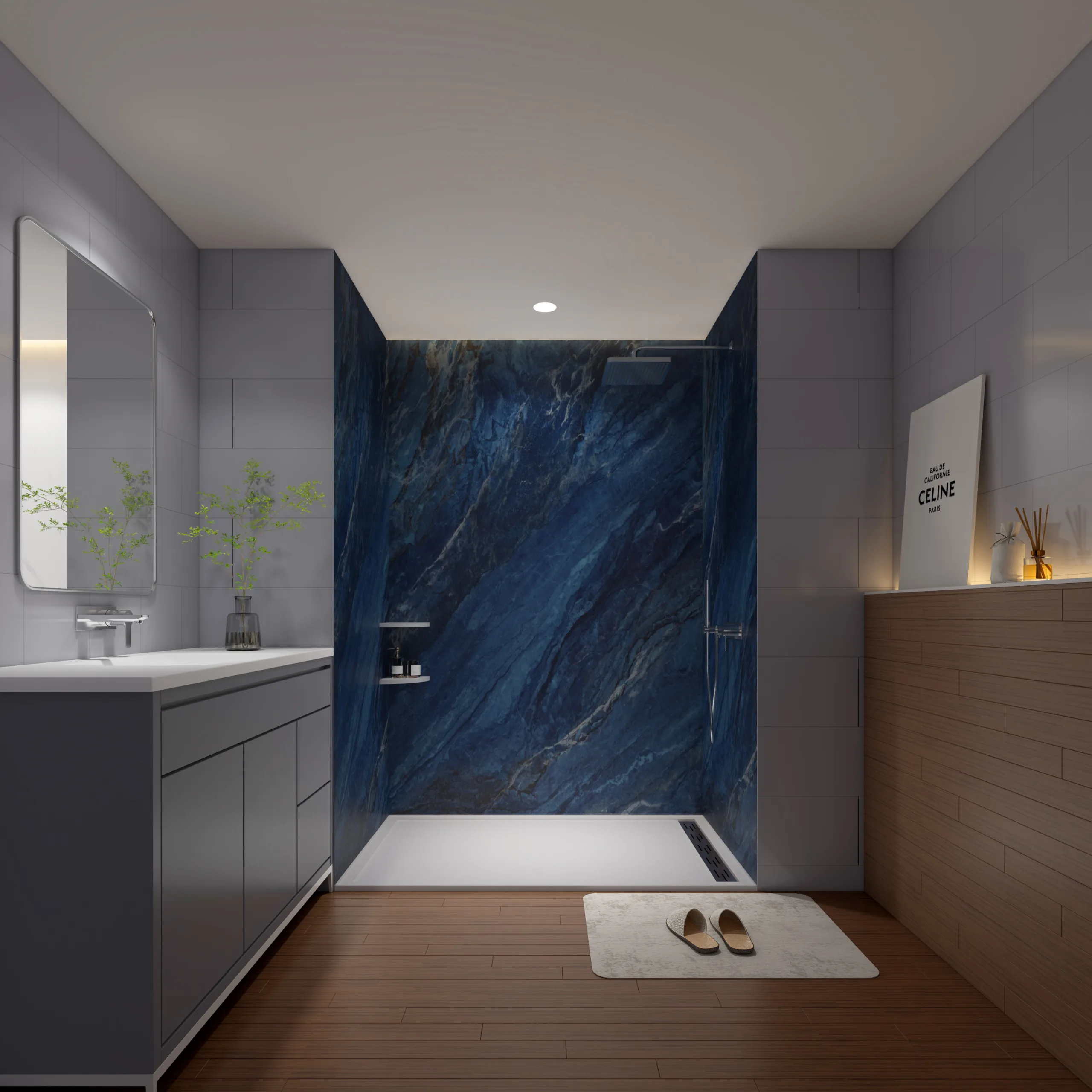 Exotic Blue Marble Veined Cultured Marble Shower Panels with corner shelves and footrest