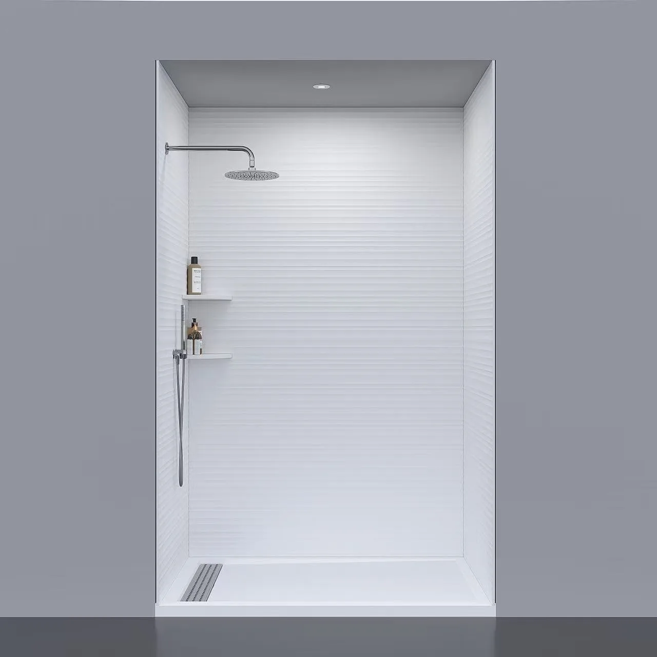 Horizontal Striped Cultured Marble Shower Panels with corner shelves and dark recessed niche