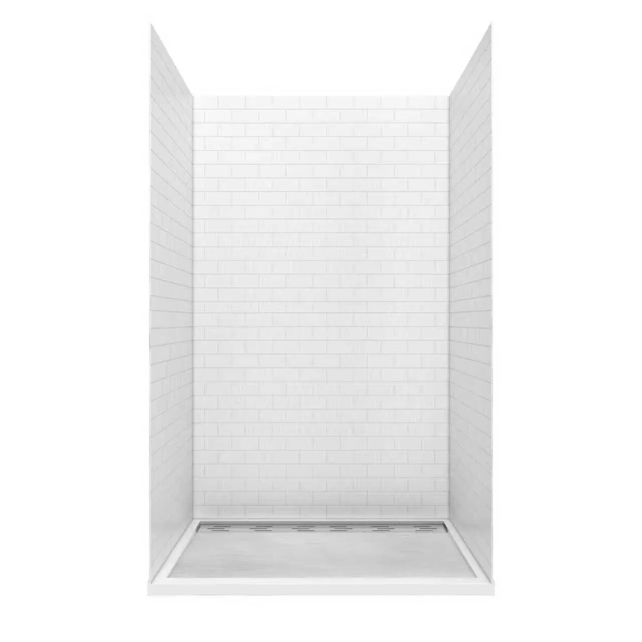 White Subway Tile Cultured Marble Shower Panels with built-in footrest and corner shelf