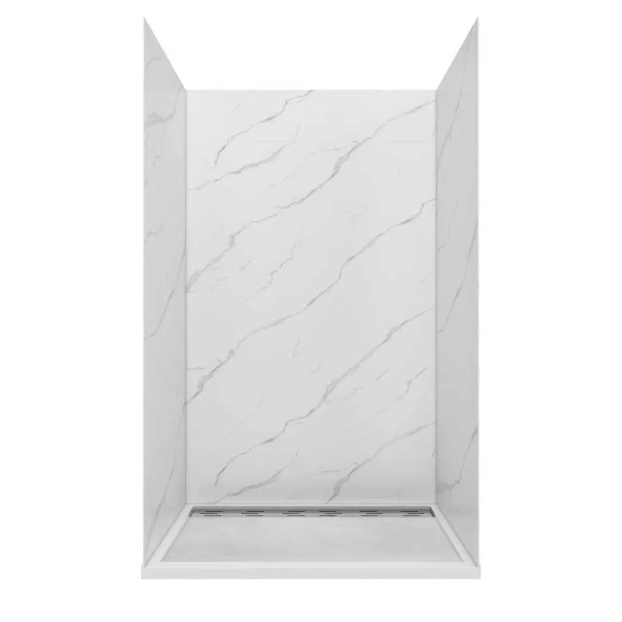 Classic White Marble Cultured Marble Shower Panels with grey veining, built-in footrest, and corner shelf