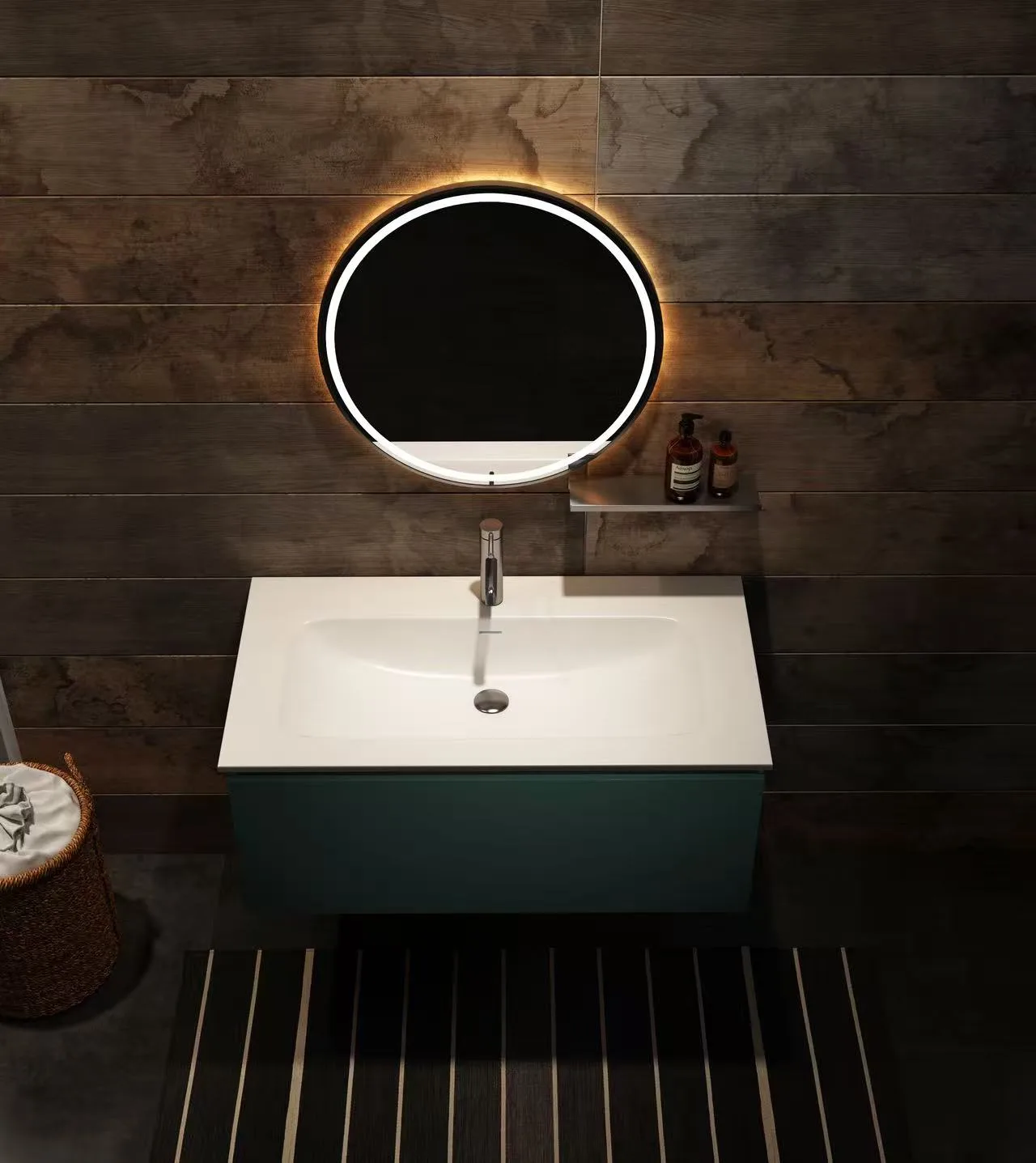 Seamless Solid Surface Vanity Top installed on a modern floating cabinet with LED mirror