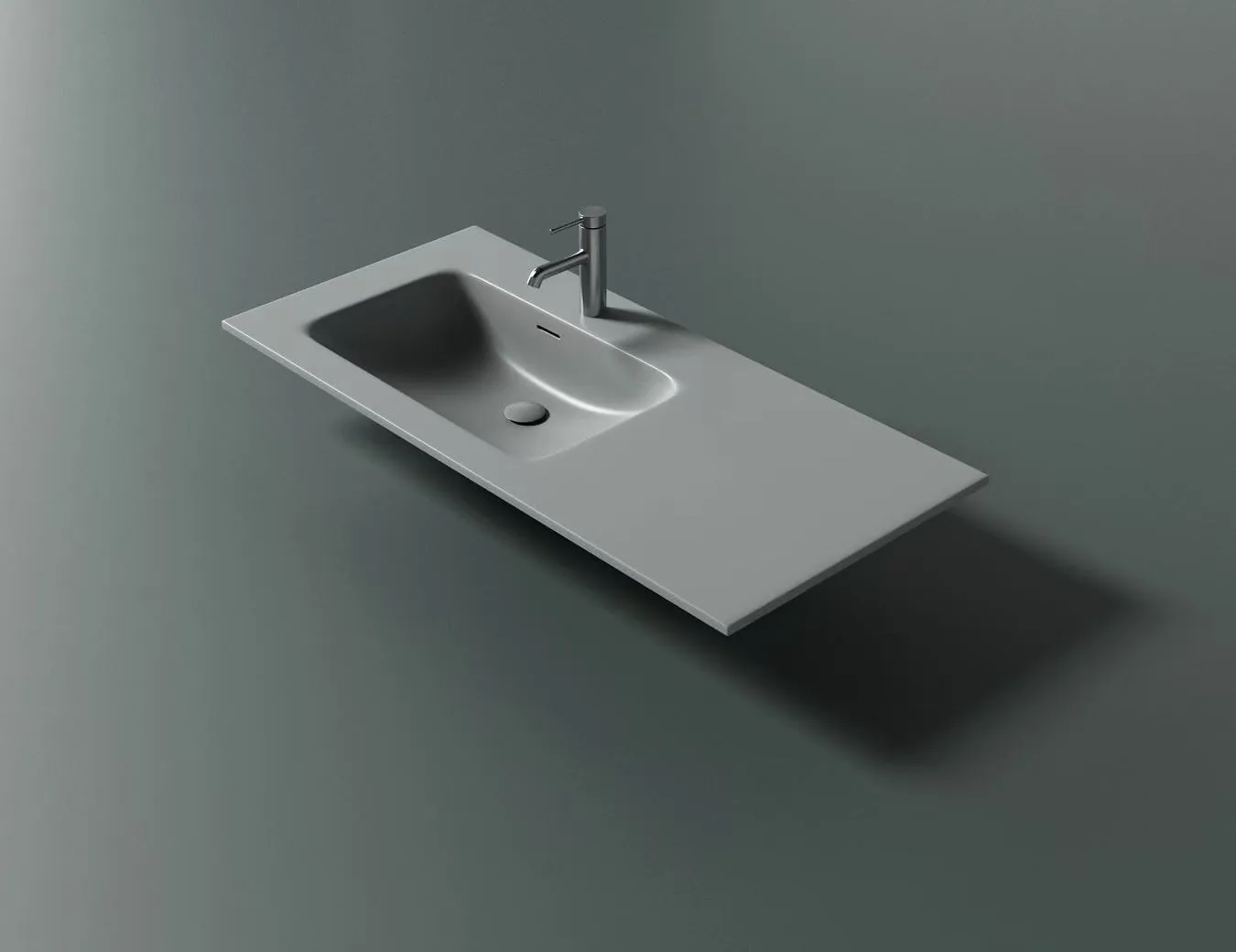 Integrated Solid Surface Vanity Top with offset basin for hospitality projects