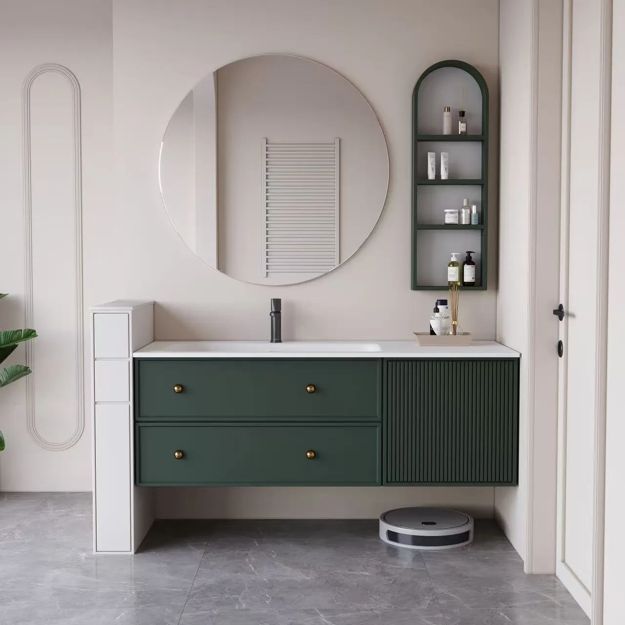 Modern Integrated Solid Surface Vanity Top with offset basin on green floating cabinet
