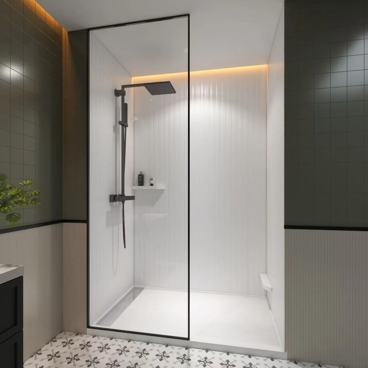 Minimalist glass-enclosed shower room featuring vertical fluted cultured marble shower panels.