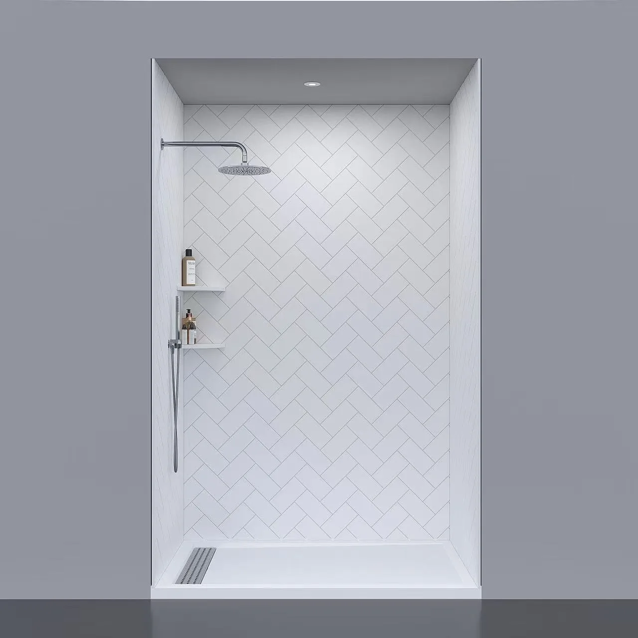 Herringbone Pattern Cultured Marble Shower Panels with matte black fixtures and recessed niche