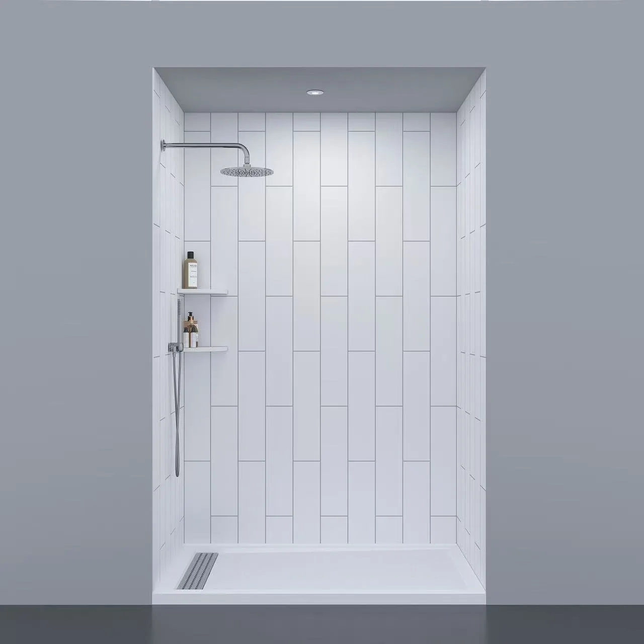 Faux Subway Tile Shower Wall Panels with black recessed niche and cultured marble shower base