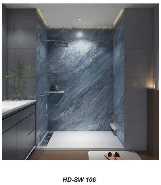 Luxury commercial bathroom enclosure featuring marble veined cultured marble shower panels.