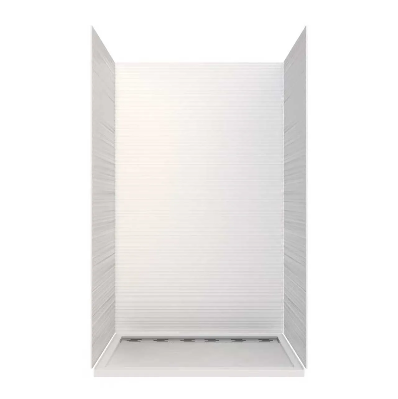 Horizontal Striped Cultured Marble Shower Panels with corner shelves and dark recessed niche