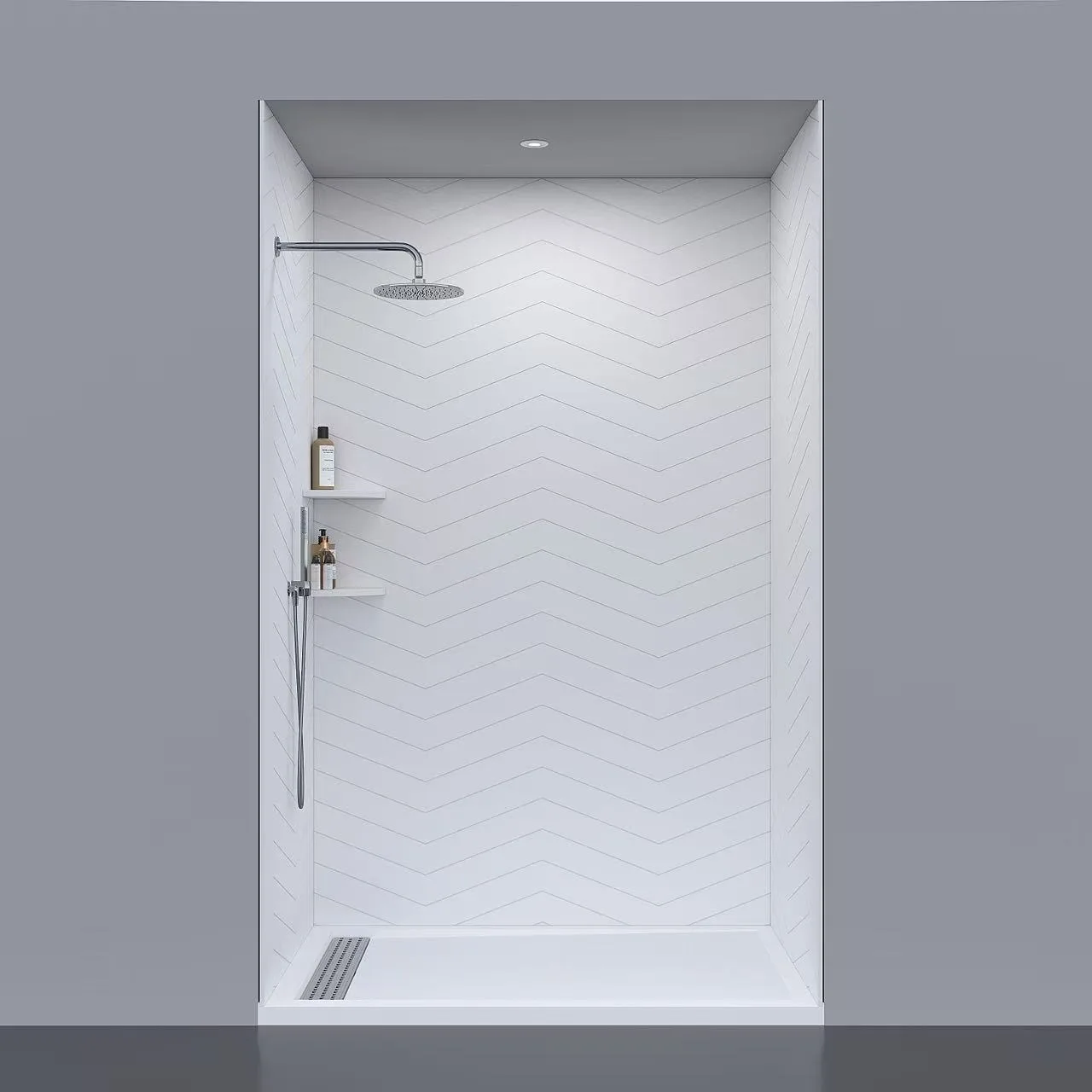 Wide Chevron Cultured Marble Shower Panels with corner shelves and dark recessed niche