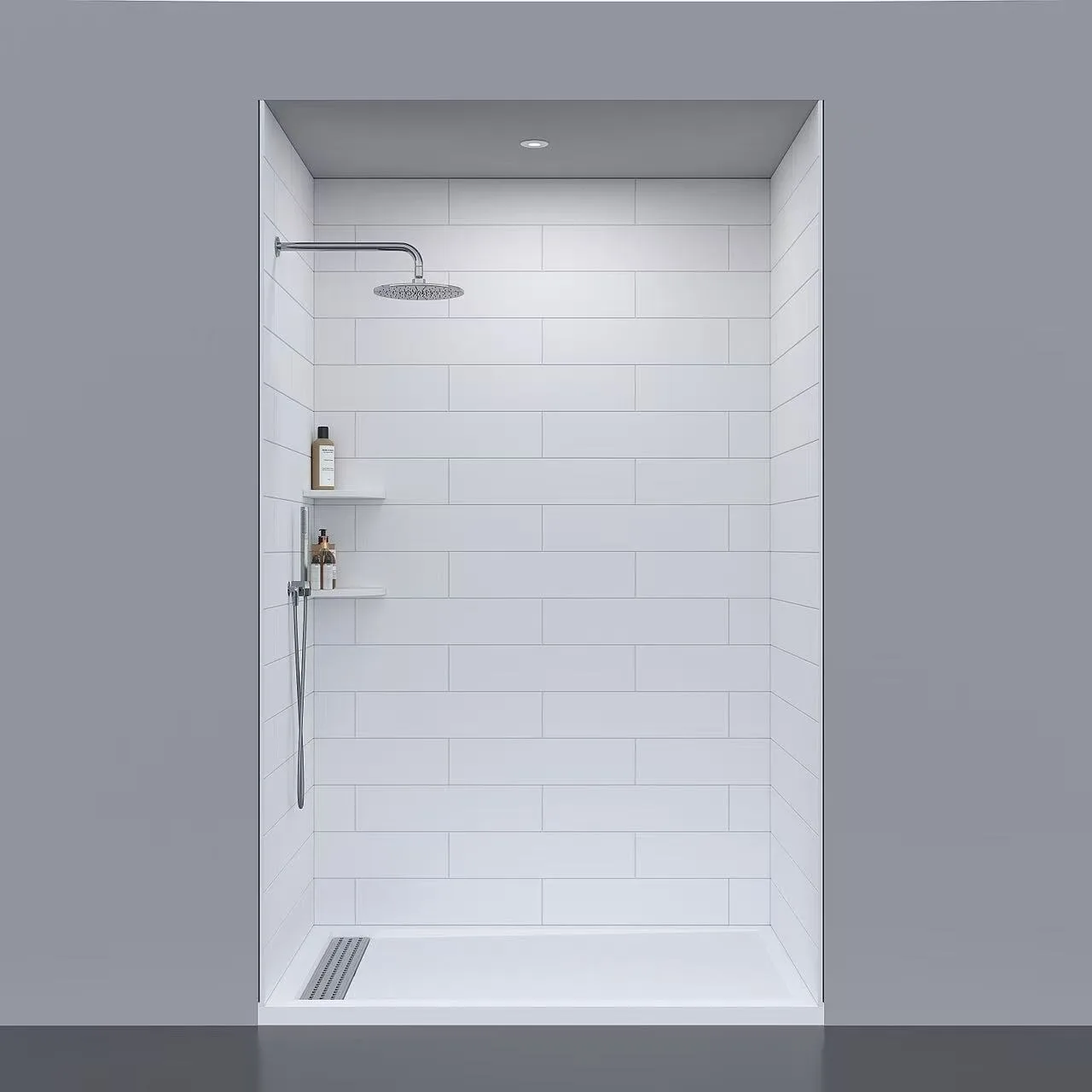 Classic Subway Tile Cultured Marble Shower Panels with corner shelves and dark recessed niche