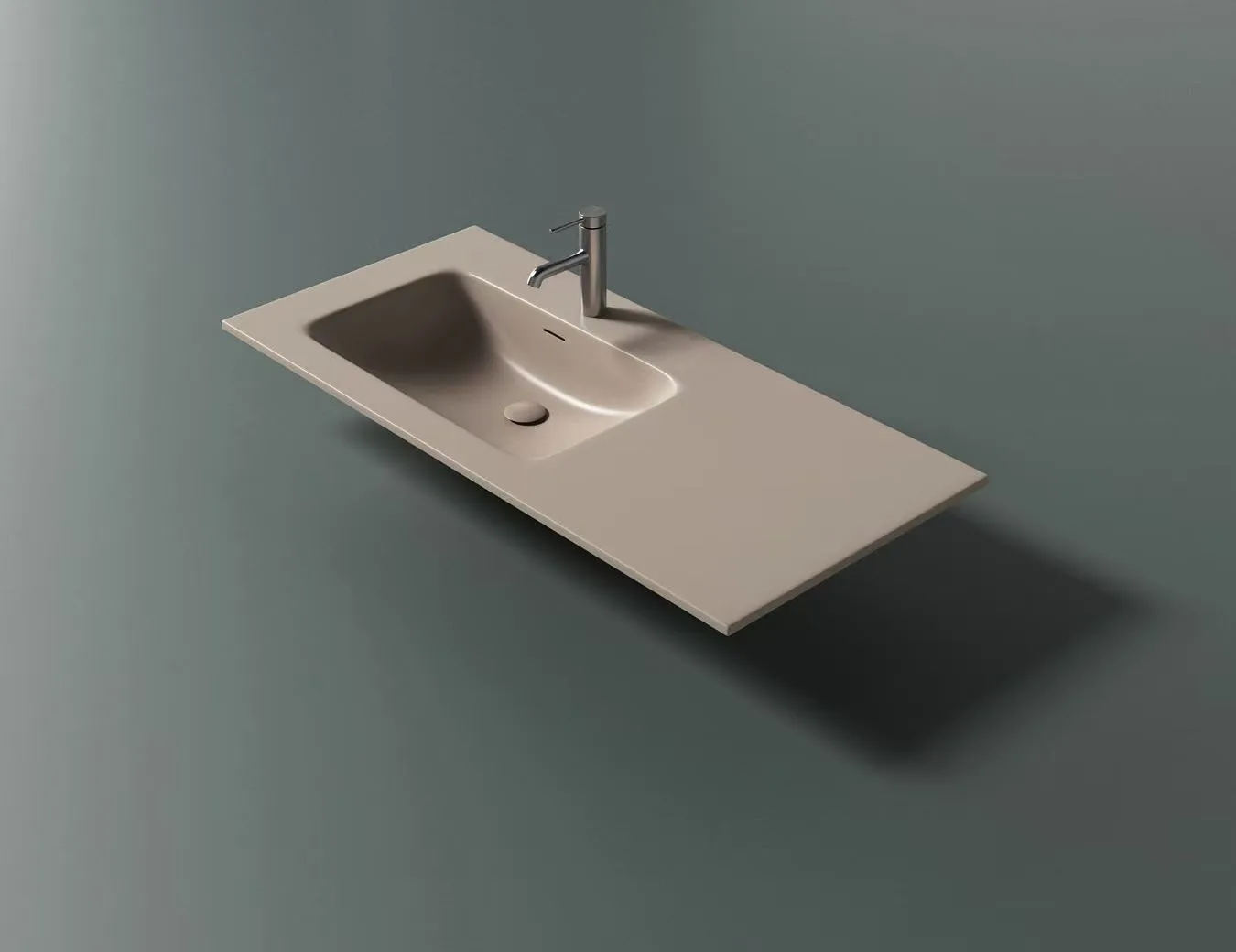 Integrated Solid Surface Vanity Top with offset basin for hospitality projects