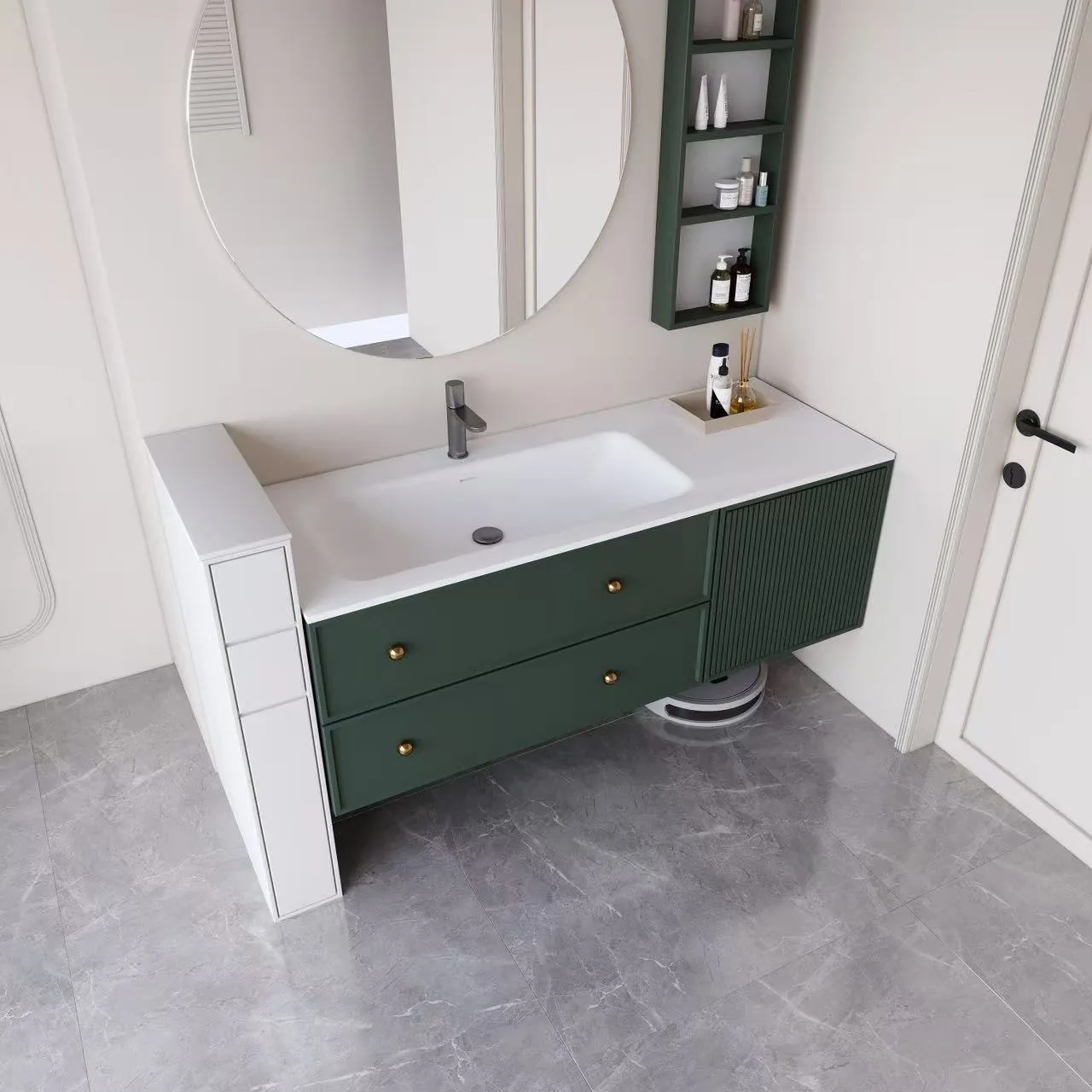 Modern Integrated Solid Surface Vanity Top with offset basin on green floating cabinet