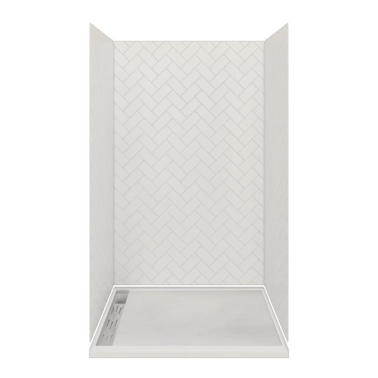 Herringbone Pattern Cultured Marble Shower Panels with matte black fixtures and recessed niche