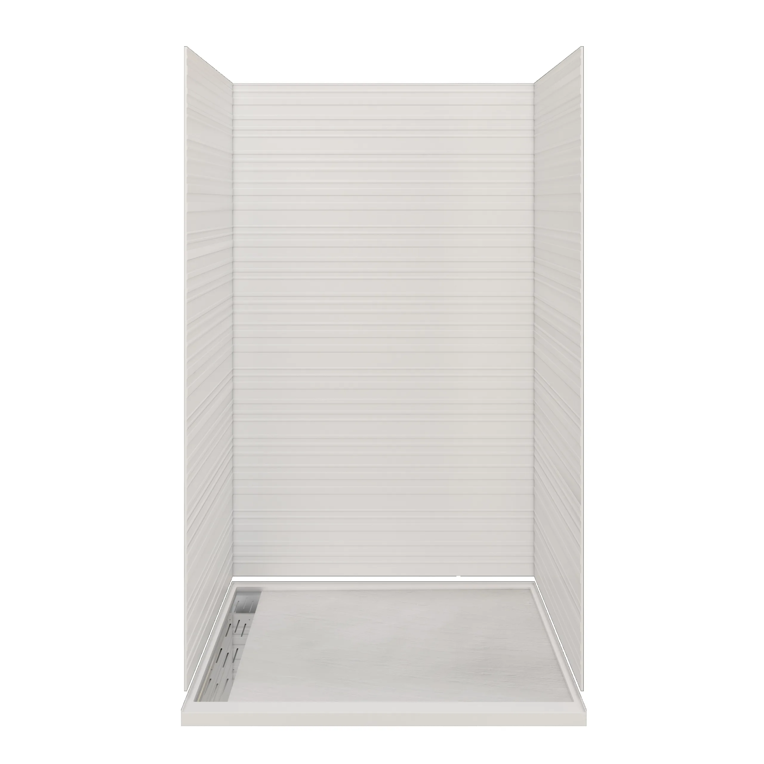 Horizontal Linear Cultured Marble Shower Panels with black recessed niche and shower base