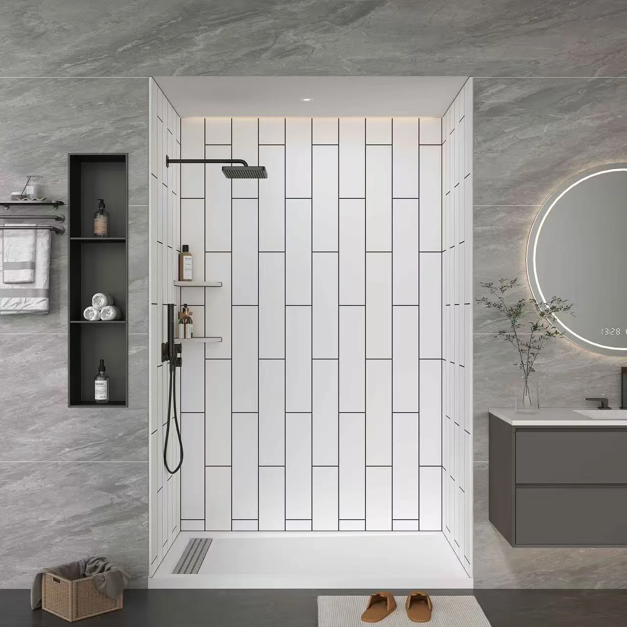 Faux Subway Tile Shower Wall Panels with black recessed niche and cultured marble shower base