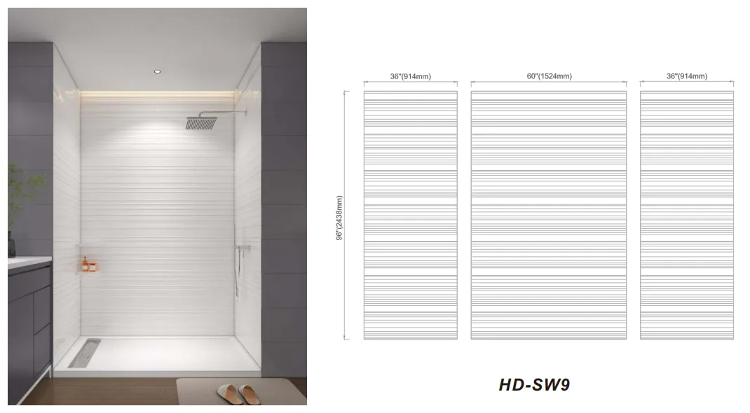 Technical blueprint layout and dimensions for HD-SW9 horizontal striped cultured marble shower panels.