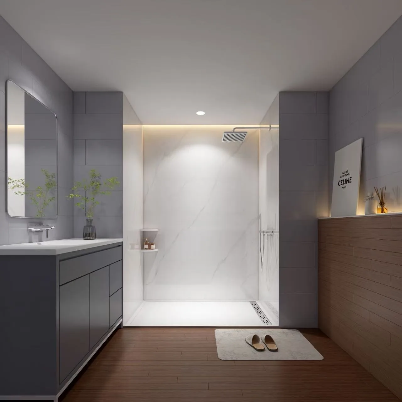 Classic White Marble Cultured Marble Shower Panels with grey veining, built-in footrest, and corner shelf