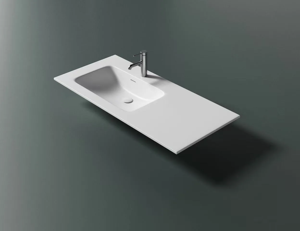 Integrated Solid Surface Vanity Top with offset basin for hospitality projects