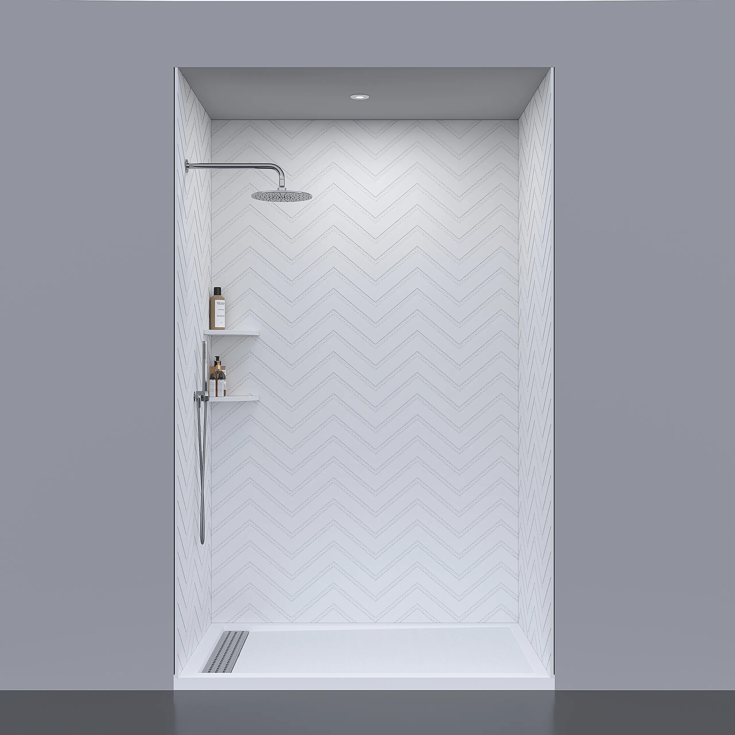 Modern bathroom interior featuring chevron cultured marble shower wall panels.