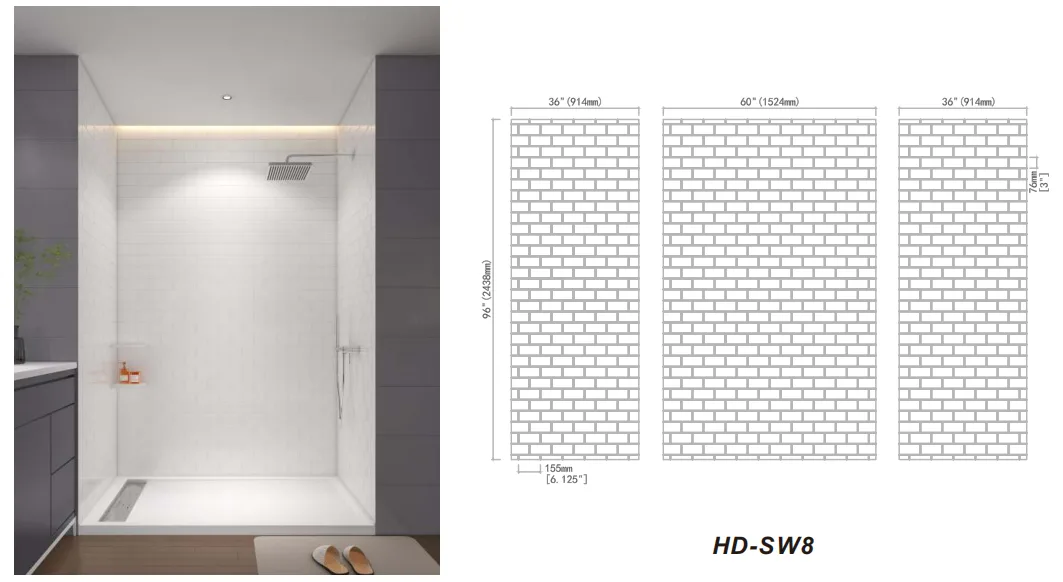 Modern commercial bathroom featuring white subway tile cultured marble shower panels.