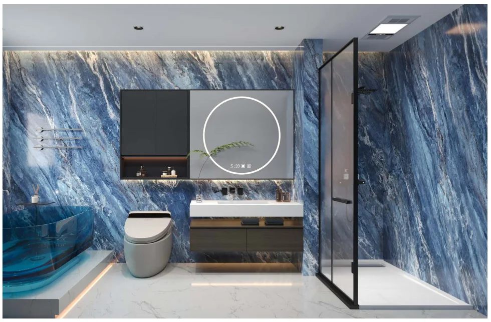 Standalone view of three-panel surround marble veined cultured marble shower panels.