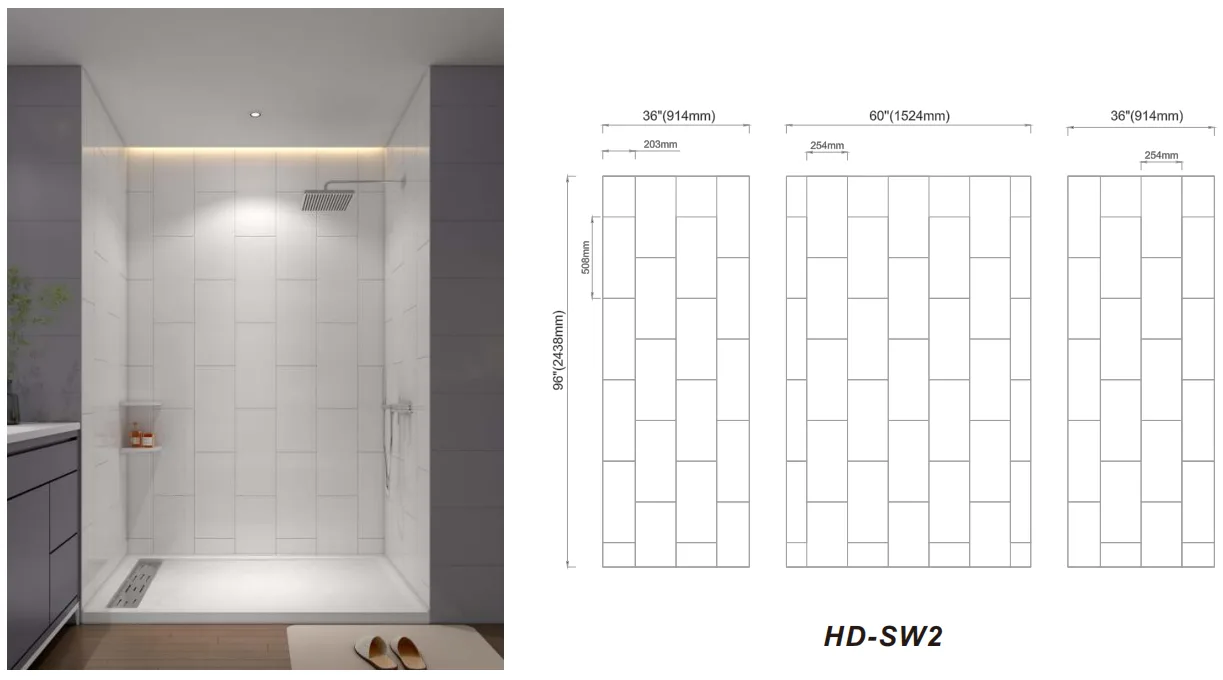 Modern luxury bathroom displaying white vertical subway tile cultured marble shower panels with black fixtures.